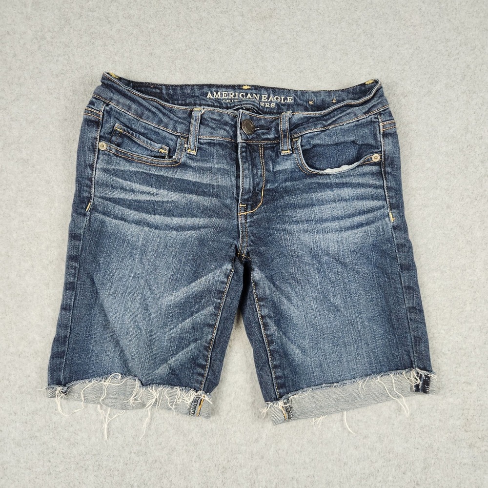American Eagle Skinny Bermuda Shorts Womens 4 Blue Denim Cotton Raw Hem Stretch
